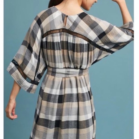 Anthropologie Black Cream Plaid Check Draped Tie Waist Belted Kimono ShirtDress - Picture 9 of 16
